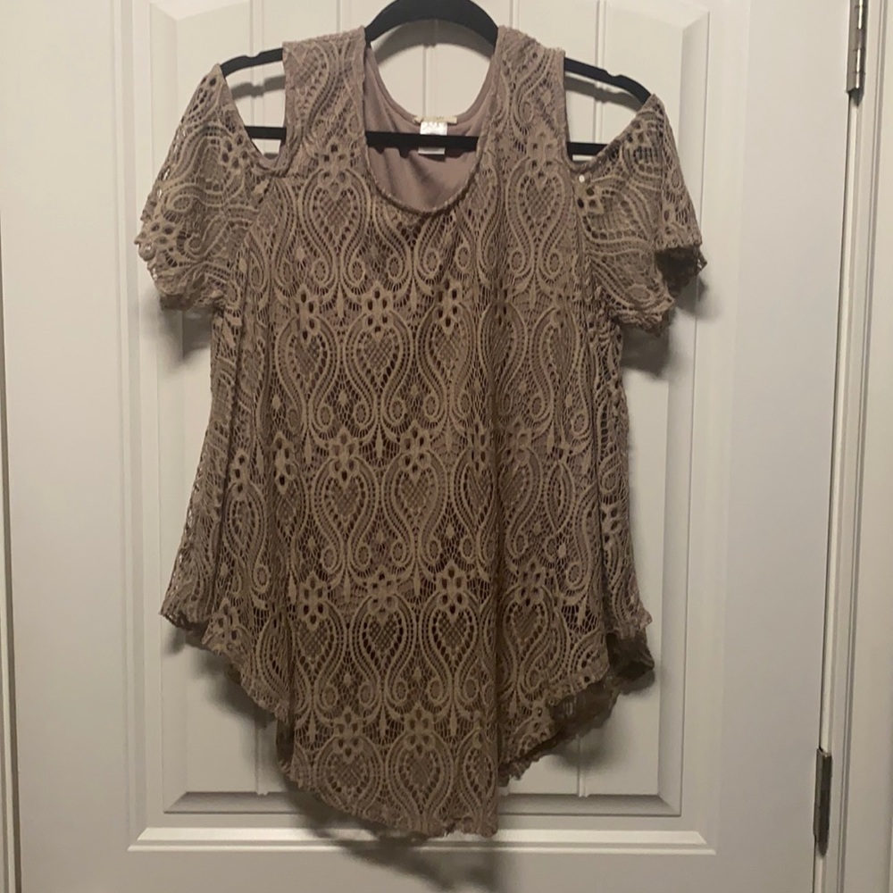 Taupe Lacy peek-a-boo shoulder top